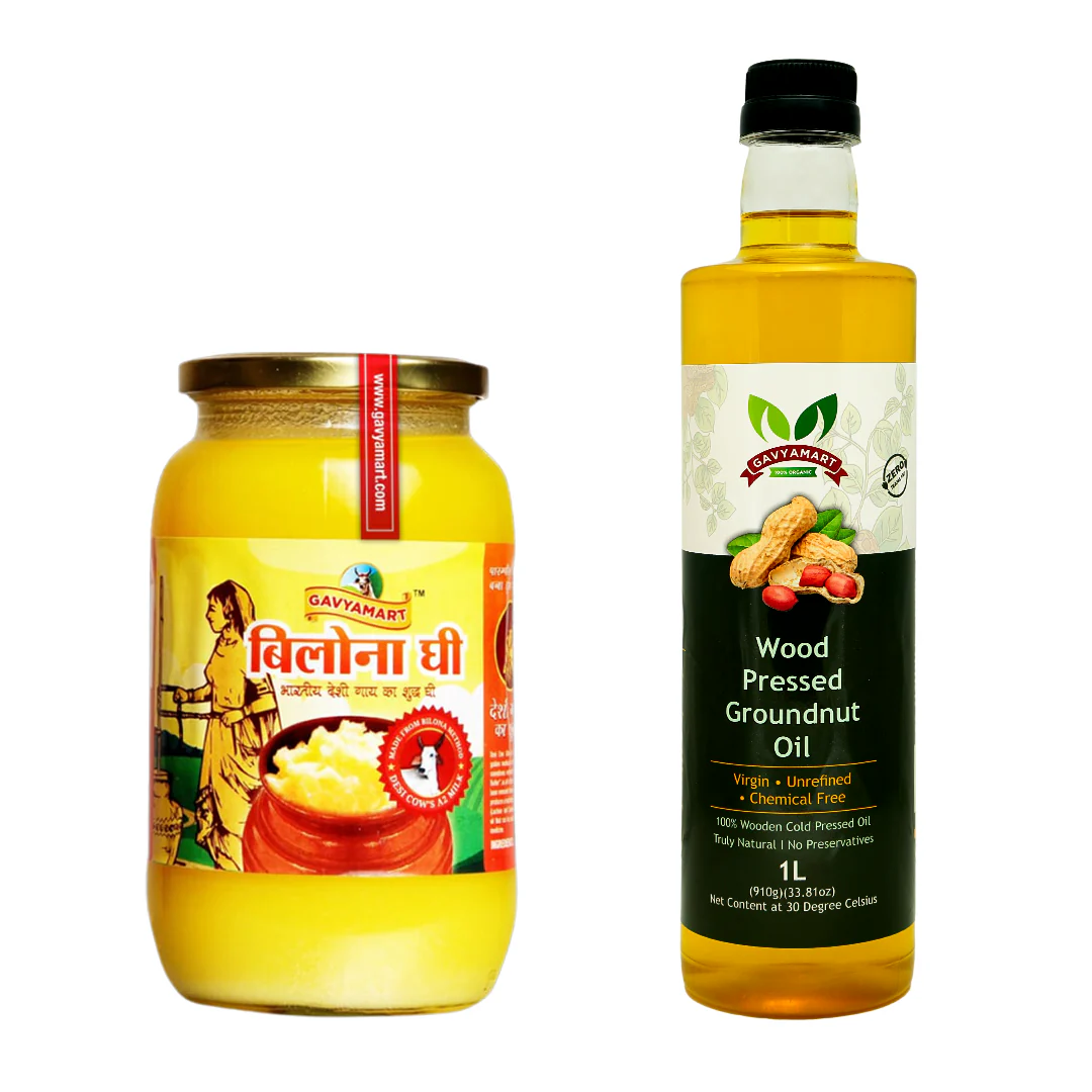A2 Cow Bilona Ghee (1L) + Wood-Pressed Groundnut Oil(1L) A2 Cow Bilona Ghee (1L) + Wood-Pressed Groundnut Oil(1L)