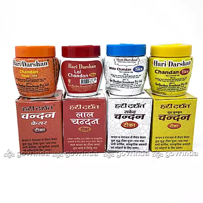 Hari Darshan Chandan Tika | Keshar Chandar Tika, Lal Chandan, Safed Chandan, Kumkum Chandan (Pack of 4 Set) 40 Gram Each Hari Darshan Chandan Tika | Keshar Chandar Tika, Lal Chandan, Safed Chandan, Kumkum Chandan (Pack of 4 Set) 40 Gram Each