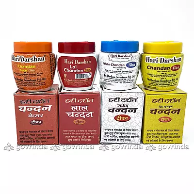 Hari Darshan Chandan Tika | Keshar Chandar Tika, Lal Chandan, Safed Chandan, Kumkum Chandan (Pack of 4 Set) 40 Gram Each Hari Darshan Chandan Tika | Keshar Chandar Tika, Lal Chandan, Safed Chandan, Kumkum Chandan (Pack of 4 Set) 40 Gram Each