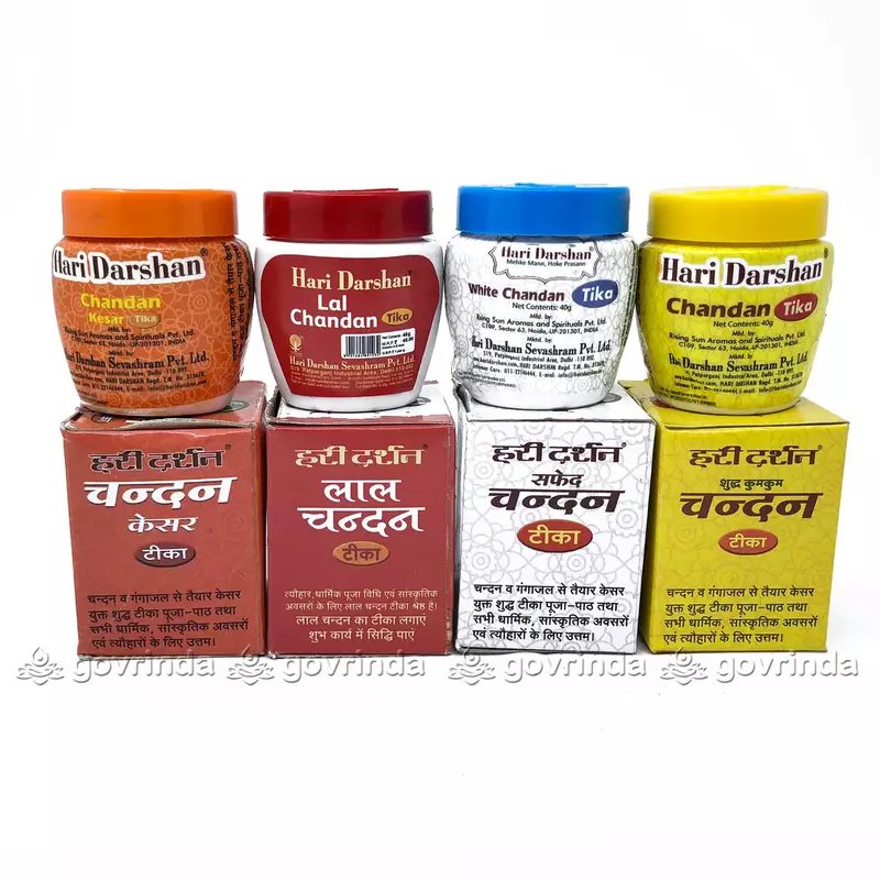 Hari Darshan Chandan Tika | Keshar Chandar Tika, Lal Chandan, Safed Chandan, Kumkum Chandan (Pack of 4 Set) 40 Gram Each Hari Darshan Chandan Tika | Keshar Chandar Tika, Lal Chandan, Safed Chandan, Kumkum Chandan (Pack of 4 Set) 40 Gram Each